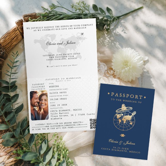 Invitación Boda de destino Faux Gold de Passport México (passport wedding invitation card destination getaway navy faux gold mexico sombrero monograms folded)