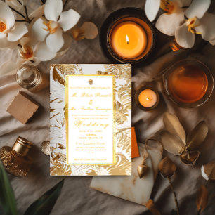Invitación Boda de destino formal dorada monstera