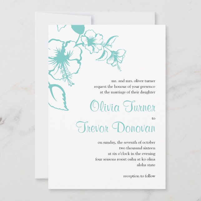 Invitación Boda de destino Hawaii Turquoise Hibiscus (Anverso)