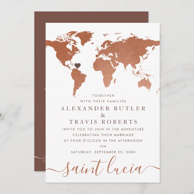 Invitación Boda de Destino Mapa Mundial de Cobre (Anverso / Reverso)
