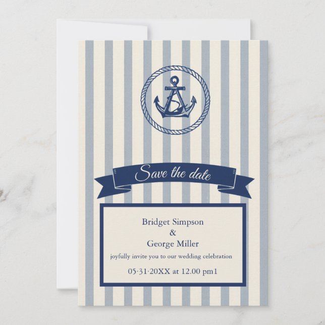 Invitación boda de destino marítimo con franja azul Anchor  (Anverso)