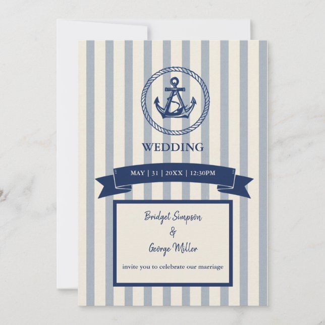 Invitación boda de destino marítimo de ancla a rayas azules (Anverso)