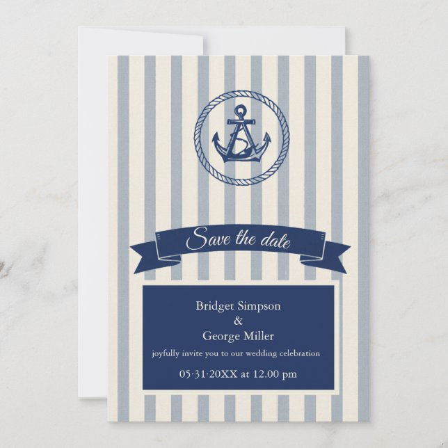 Invitación boda de destino marítimo de ancla a rayas azules (Anverso)