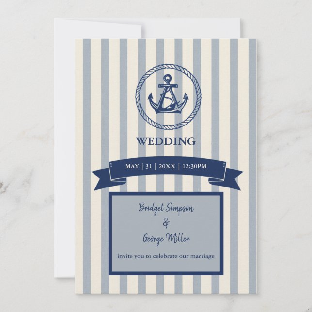 Invitación boda de destino marítimo de raya azul Anchor  (Anverso)