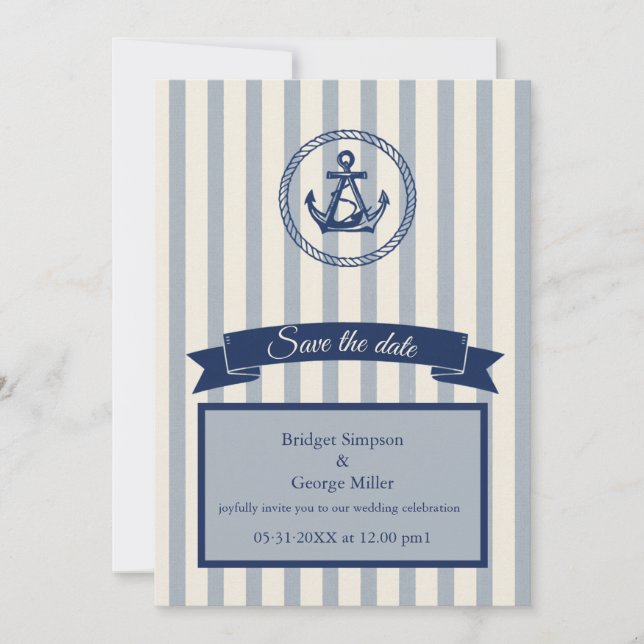 Invitación boda de destino marítimo de raya de ancla azul (Anverso)