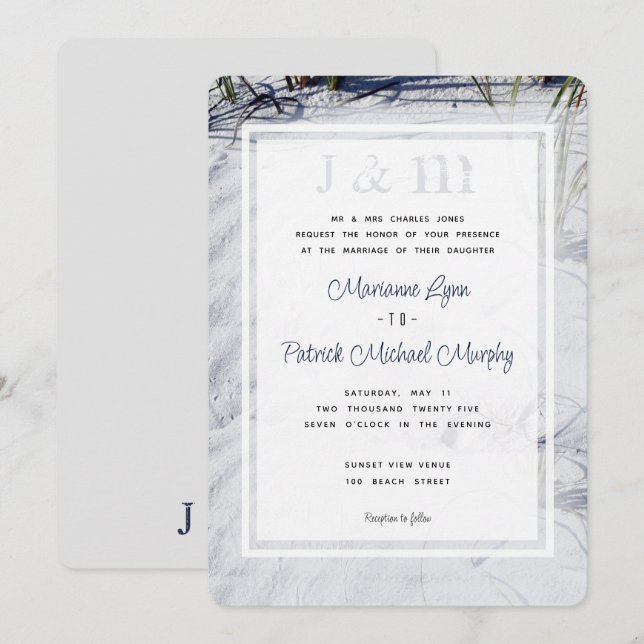 Invitación Boda de destino moderna de la playa de arena blanc (Anverso / Reverso)