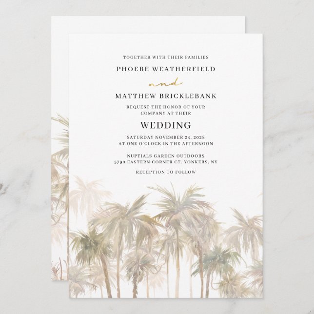 Invitación Boda de destino moderna de palmeras costeras (Anverso / Reverso)