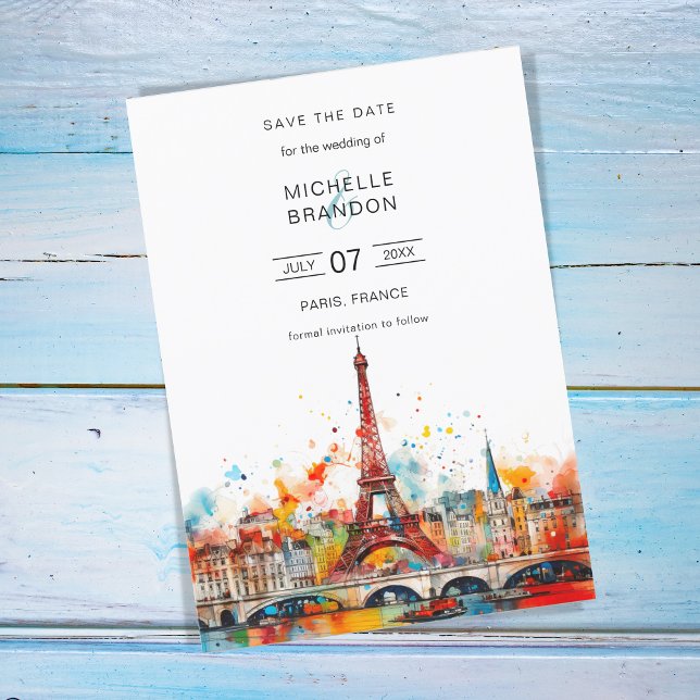 Invitación Boda de destino moderna Torre Eiffel de París (eiffel tower paris colorful watercolor)