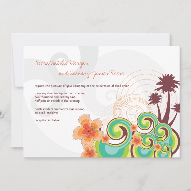 Invitación Boda de destino Naranja de ondas tropicales Hibisc (Anverso)