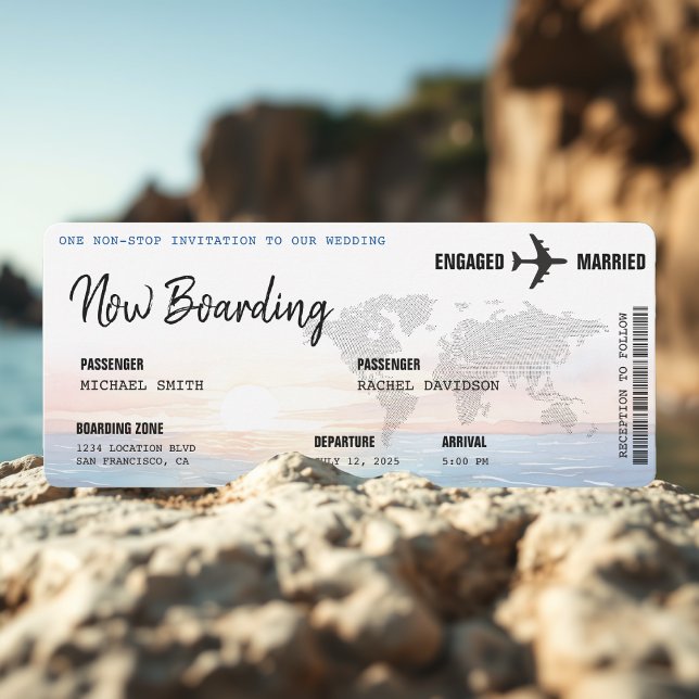 Invitación Boda de destino Océano Atardecer de embarque (Subido por el creador)