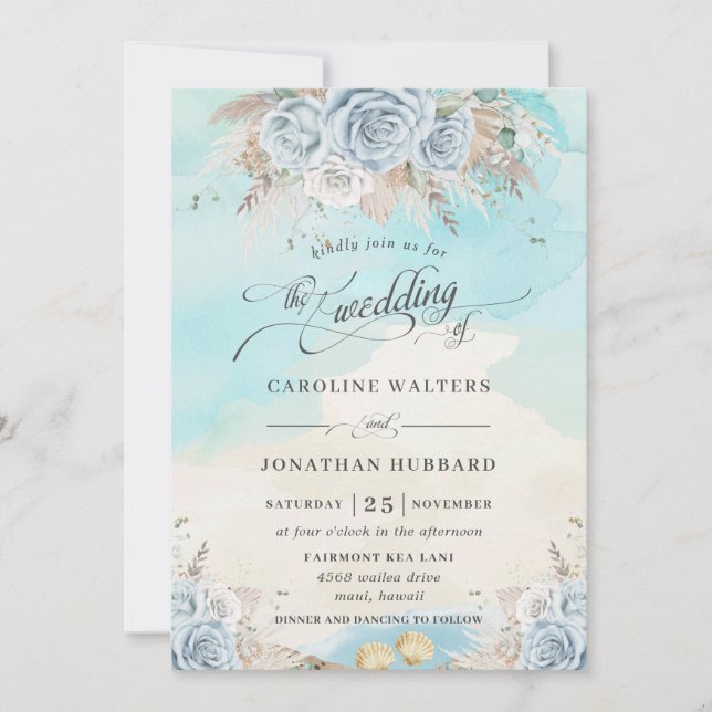 Invitación Boda de destino Pampas Grass Blue Floral Beach (Anverso)