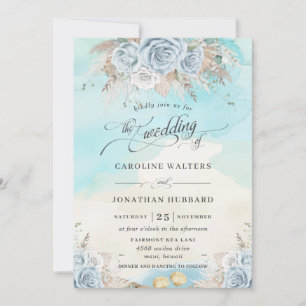 Invitación Boda de destino Pampas Grass Blue Floral Beach