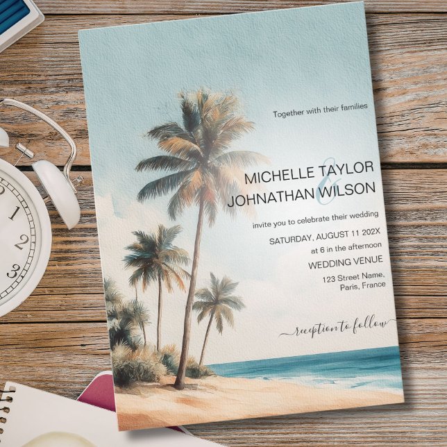 Invitación Boda de destino retro tropical de playa de palma (Retro Tropical Palm Beach Destination Wedding Invitation)