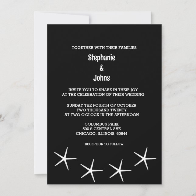 Invitación Boda de destino Starfish Black White Beach (Anverso)