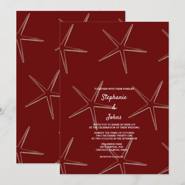 Invitación Boda de destino Starfish Burgundy Red Beach (Anverso / Reverso)