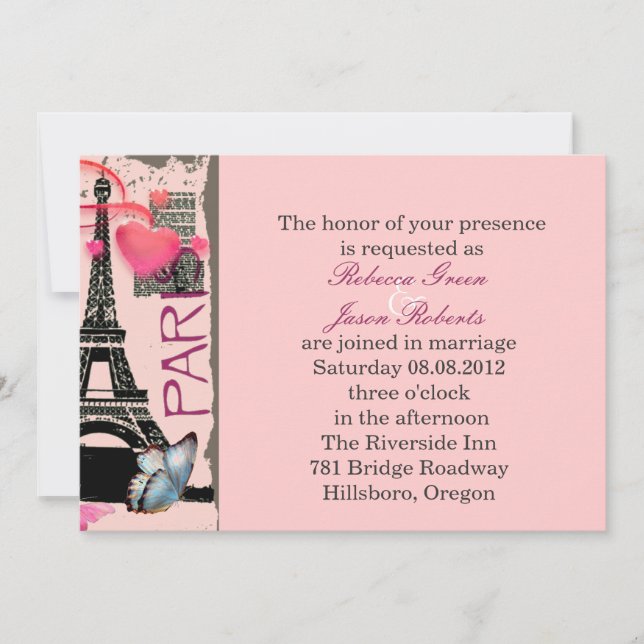 Invitación boda de destino torre eiffel de parís rosa (Anverso)