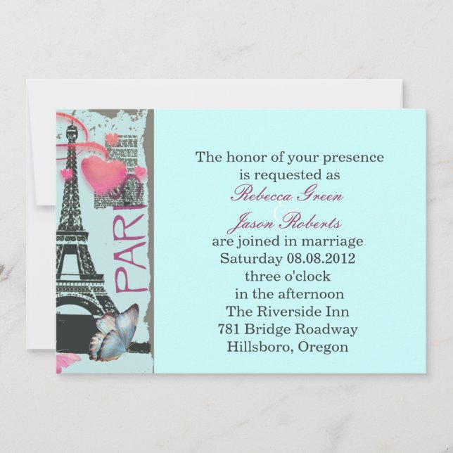Invitación boda de destino torre eiffel rosa paris (Anverso)