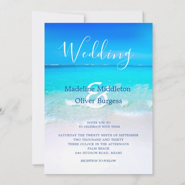 Invitación Boda de destino tropical azul del océano de playa (Reverso)