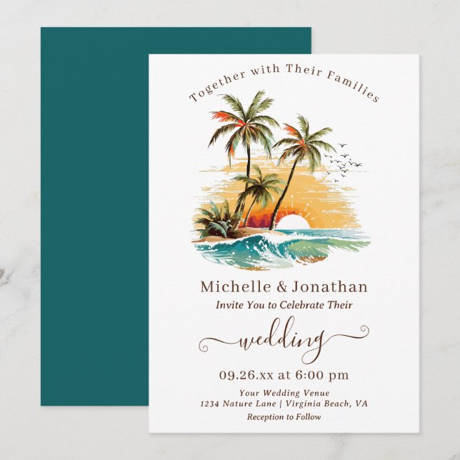 Invitación Boda de Destino Tropical Beach Sunset (Anverso / Reverso)