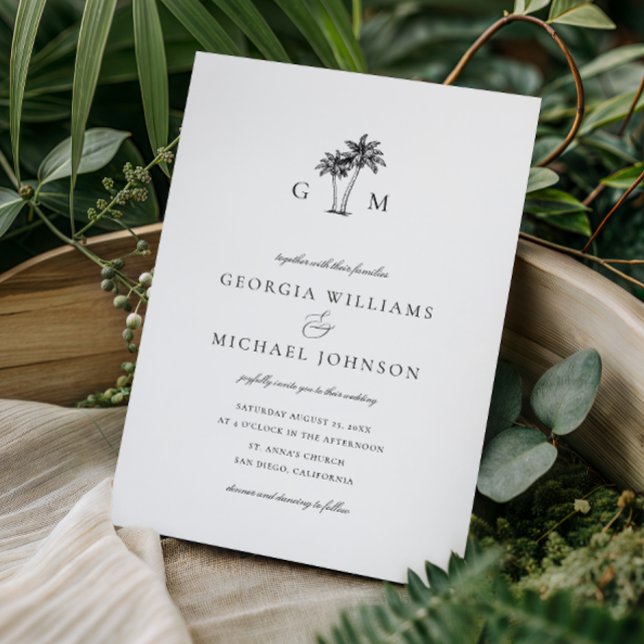 Invitación Boda de destino tropical de monograma de palmera (Subido por el creador)