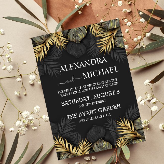 Invitación Boda de destino tropical de oro y negro (Subido por el creador)