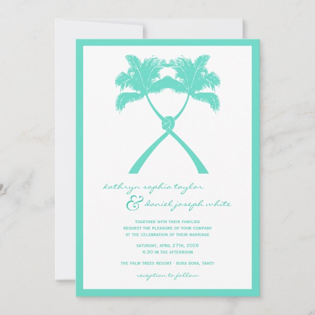 Invitación Boda de destino tropical de palmeras nubladas (Anverso)