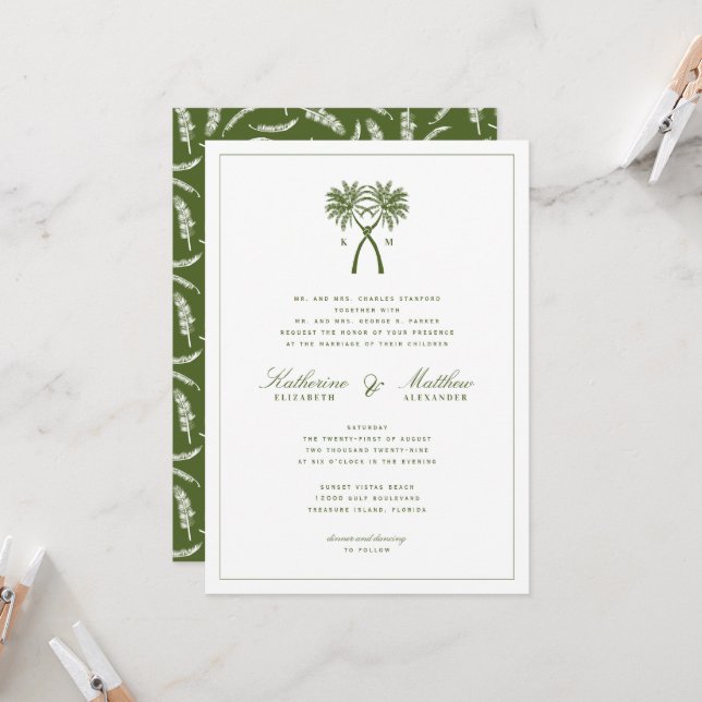 Invitación Boda de destino tropical de palmeras nubladas (Anverso/Reverso In Situ)