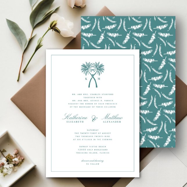 Invitación Boda de destino tropical de palmeras nubladas (Knotted Palm Trees Tropical Destination Wedding Invitation @ fatfatin_blue_knot)
