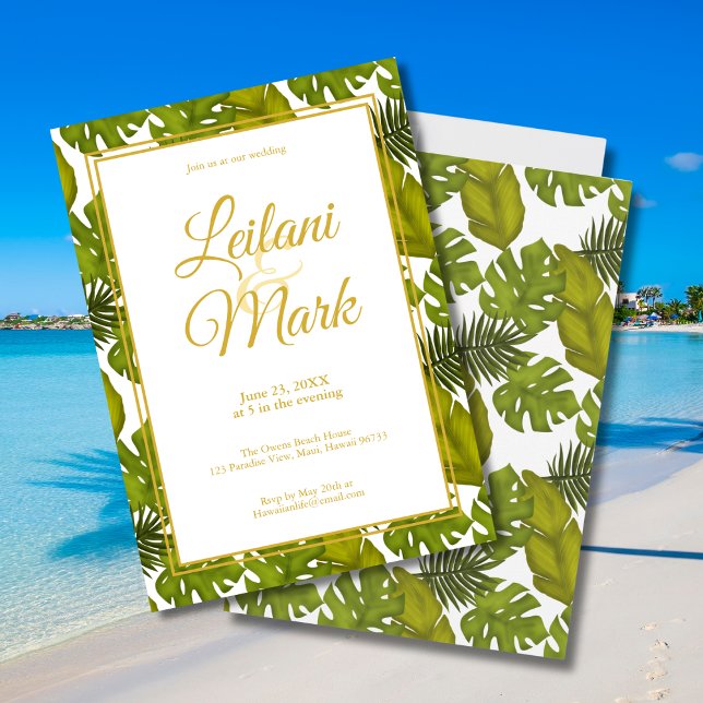 Invitación Boda de destino Tropical Green Leaves Gold (Subido por el creador)