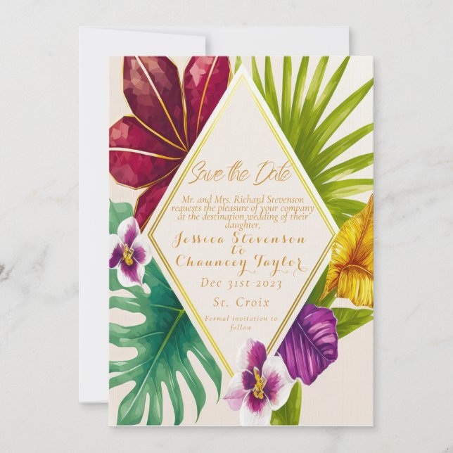 Invitación Boda de destino tropical Guardar la fecha (Anverso)