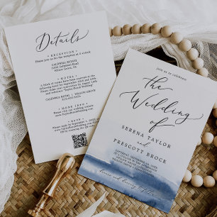 Invitación Boda de detalles de código QR azul de color de agu