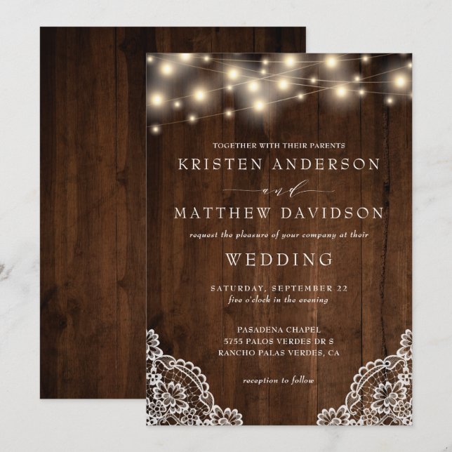 Invitación Boda de detalles de encaje de madera Rústica (Anverso / Reverso)