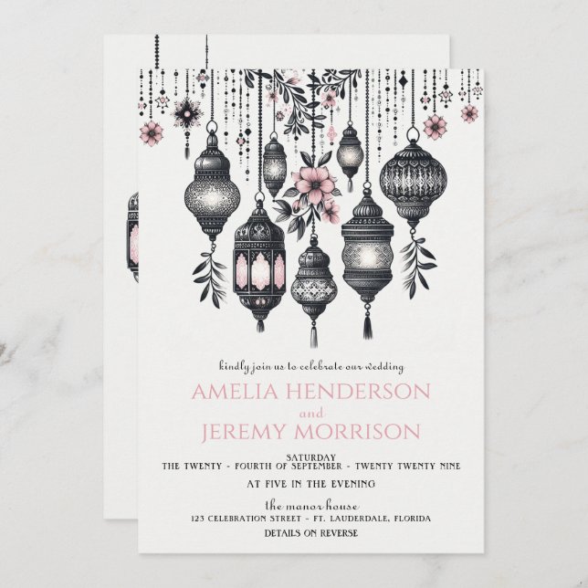 Invitación Boda de detalles de flores y farolillos rosas (Anverso / Reverso)