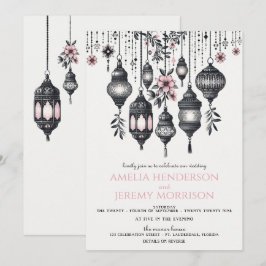 Invitación Boda de detalles de flores y farolillos rosas