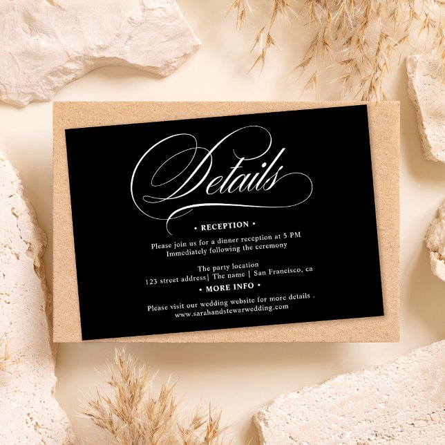 Invitación Boda de detalles de la moda de caligrafía negra bl (White black calligraphy chic details wedding invitation)