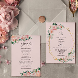 Invitación Boda de detalles de monograma simple color rosa fl