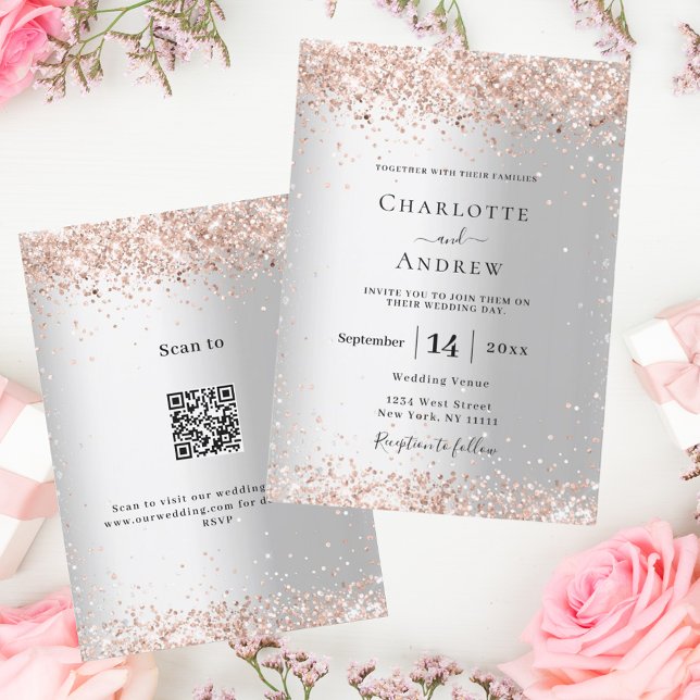Invitación Boda de detalles del código QR de oro rosa platead (Subido por el creador)
