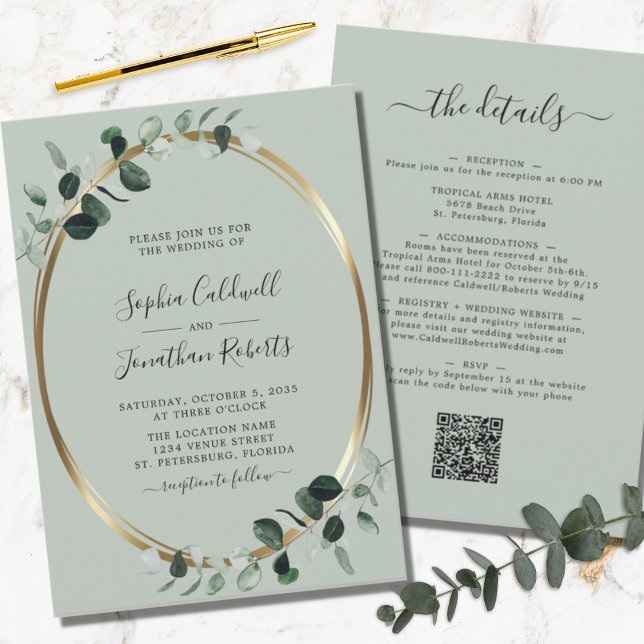 Invitación Boda de detalles del Eucalyptus Gold Sage All in O (Subido por el creador)