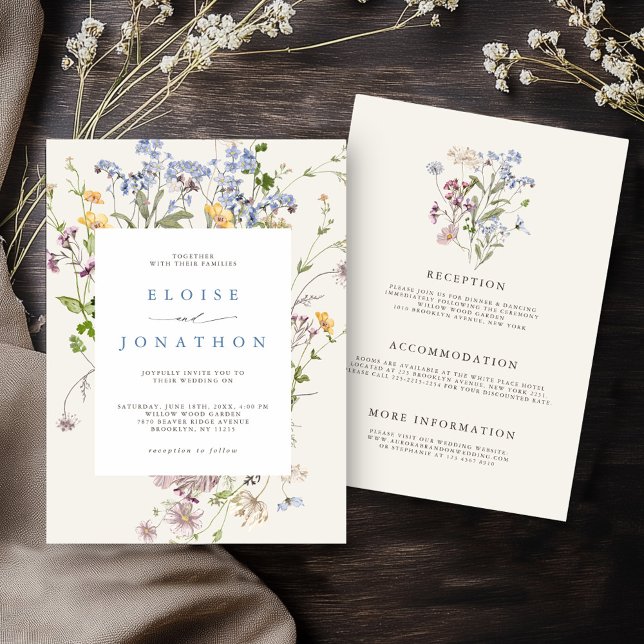 Invitación Boda de detalles del Jardín de flores silvestres d (Colorful Spring Wildflower Meadow Garden All in one Wedding invitation with details on back)