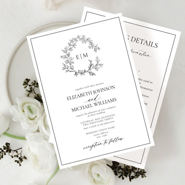 Invitación Boda de detalles del Monograma del Escudo de Leafy (Subido por el creador)