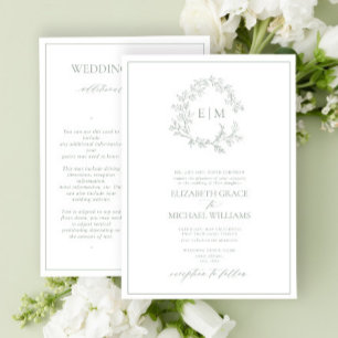 Invitación Boda de detalles del Monograma del Escudo Sage Gre