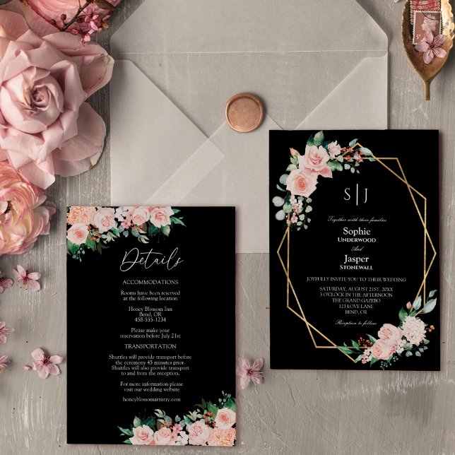Invitación Boda de detalles del monograma simple floral negro (Subido por el creador)