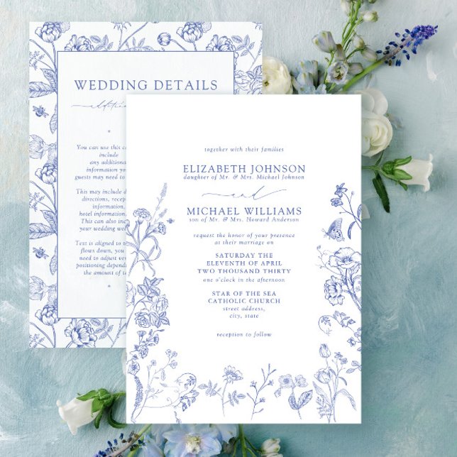 Invitación Boda de detalles florales de Chinoiserie Blue Vict (Subido por el creador)