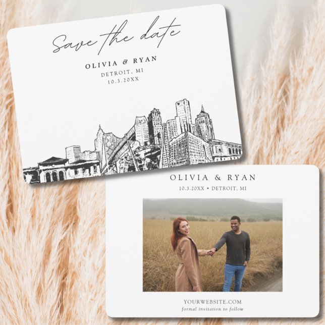Invitación Boda de Detroit en el centro de Skyline Guardar la (Detroit Wedding Save the Date with Engagement Photo and Minimalist Black and White Skyline Sketch)