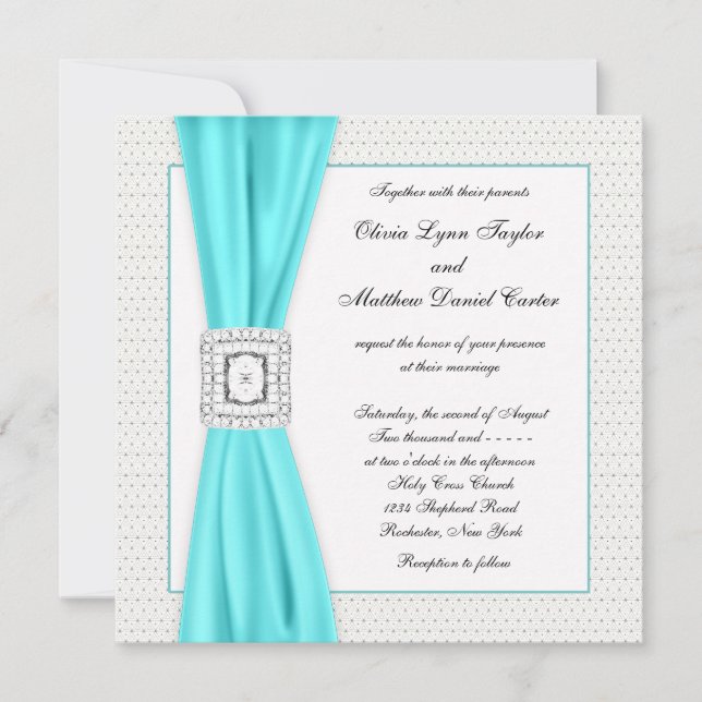 Invitación Boda de Diamante Azul Teal Marfil (Anverso)