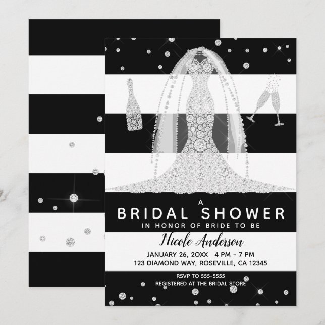 Invitación Boda de diamante blanco negro con ducha de novia (Anverso / Reverso)