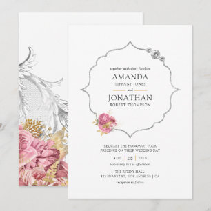Invitación Boda de Diamante Floral Rosa y Oro y Plata