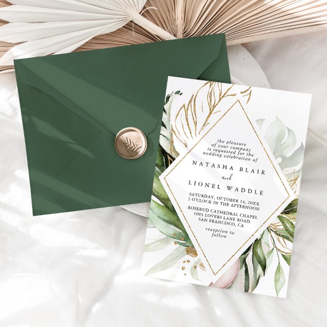 Invitación Boda de diamante geométrico Gold Tropical Greenere (Subido por el creador)