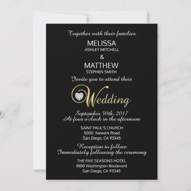 Invitación Boda de diamante negra elegante con clase de (Anverso)