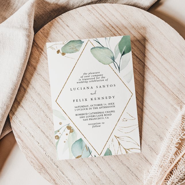 Invitación Boda de diamantes de eucalipto de oro geométrico (Subido por el creador)